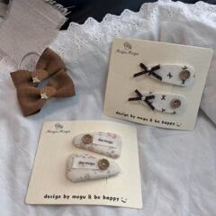 mogu发夹韩版棕色系蝴蝶结印花布艺BB夹刘海夹儿童发夹刺猬发绳