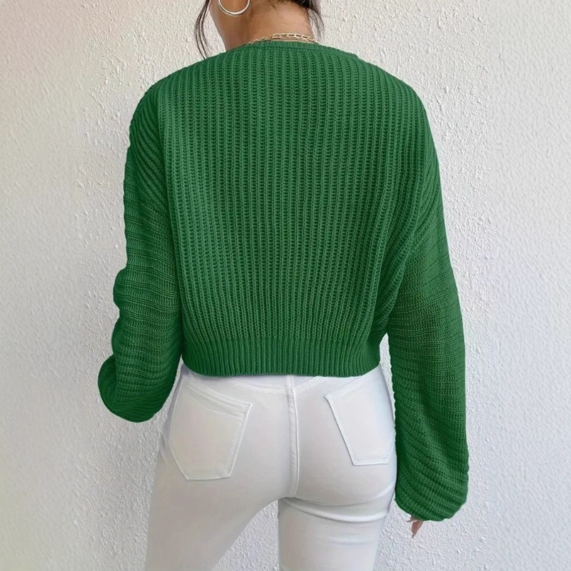 Transfronterizo de punto de mujer Europa y América Amazon 2025 otoño nuevo color sólido V-collar linterna manga larga suéter image 3