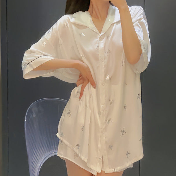 Manufacturer Wholesale [Butterfly Pearl] Classy Accessible Luxury Ice Silk Butterfly Shirt Dress Women's Summer New Home Wear Thin Style