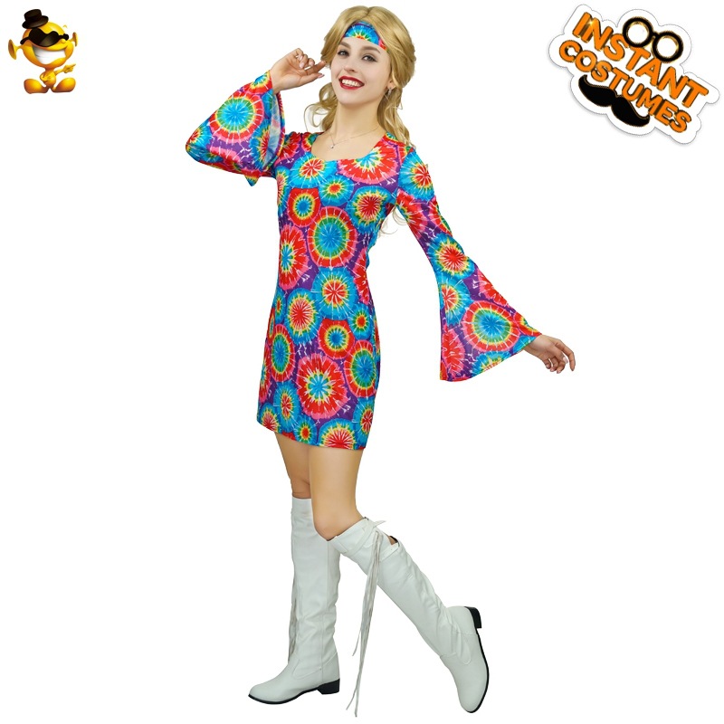 Adulto grande mujer hippie traje de Halloween ropa fiesta retro 60's rendimiento distribución al por mayor