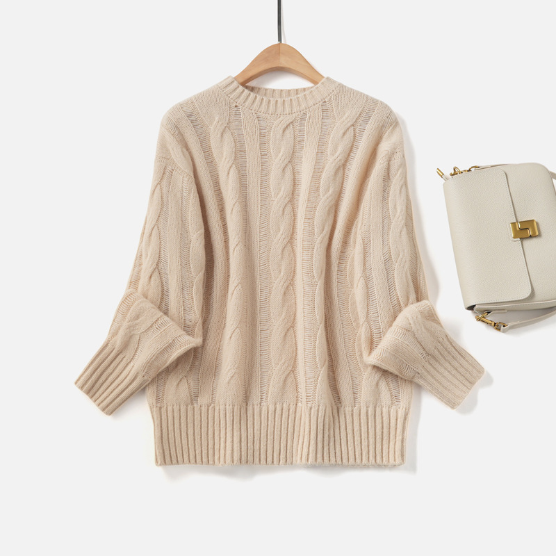 Cos Same Style Camel Velvet Texture Twist Round Neck Knitwear Knitwear Autumn and Winter Lazy Style Loose Bottoming Woolen Knitwear