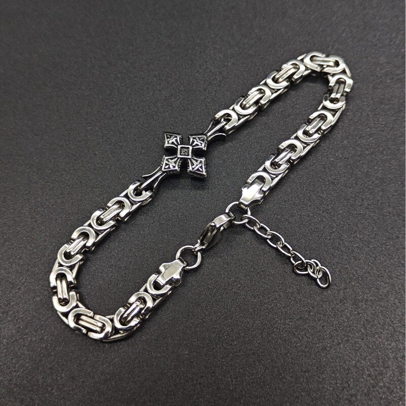 European and American Flat Link Chain Fashion Trendy Byzantine Cross-Border Men's Stainless Steel Creative Jewelry Set Trendy Bold Bracelet