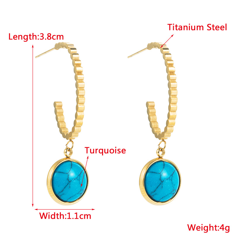Fashion Titanium Steel Dripping Oil Inlaid Turquoise Round Pendant Earrings display picture 1