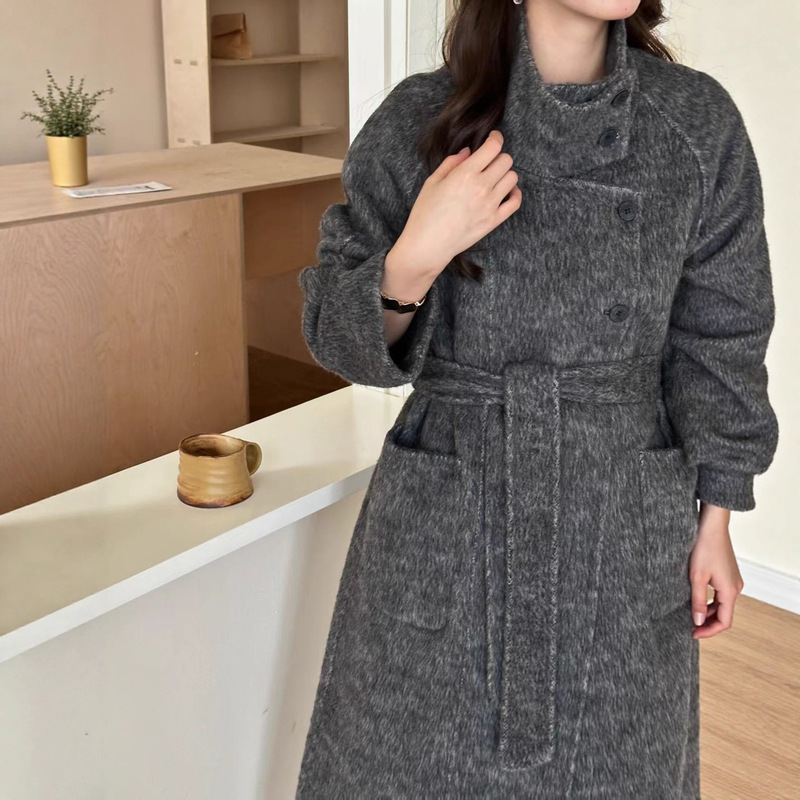 "Nordic Morning Mist" Stand-Up Collar Hand-Sewn Double-Sided Wool Outwear 2025 Autumn and Winter Korean Slim Woolen Outwear for Women