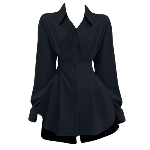 Unique Long-Sleeve Tunic Top with Design Features for Plus-Size Women: Slimming Black Collared Shirt for Autumn