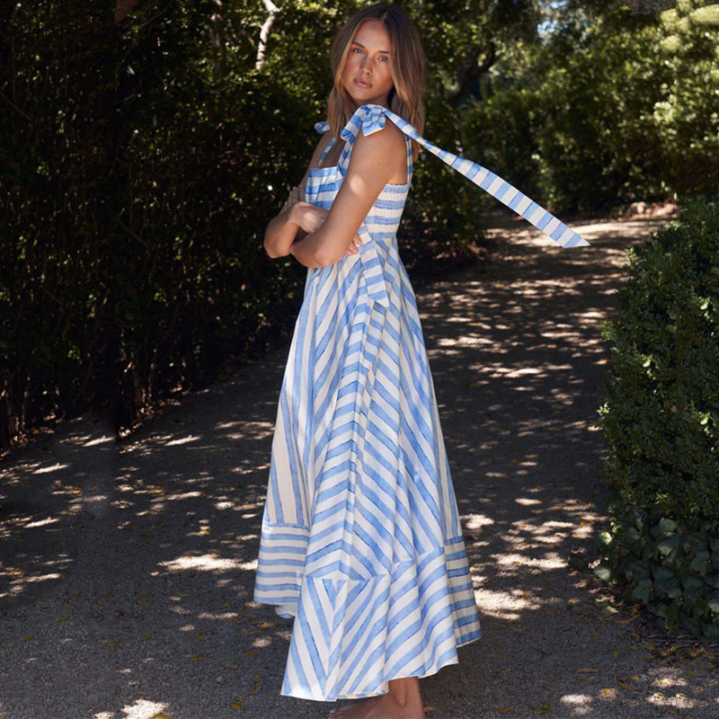 2024 Europe and the United States cross-border summer new striped printing fresh sweet fashion lace-up bohemian dress