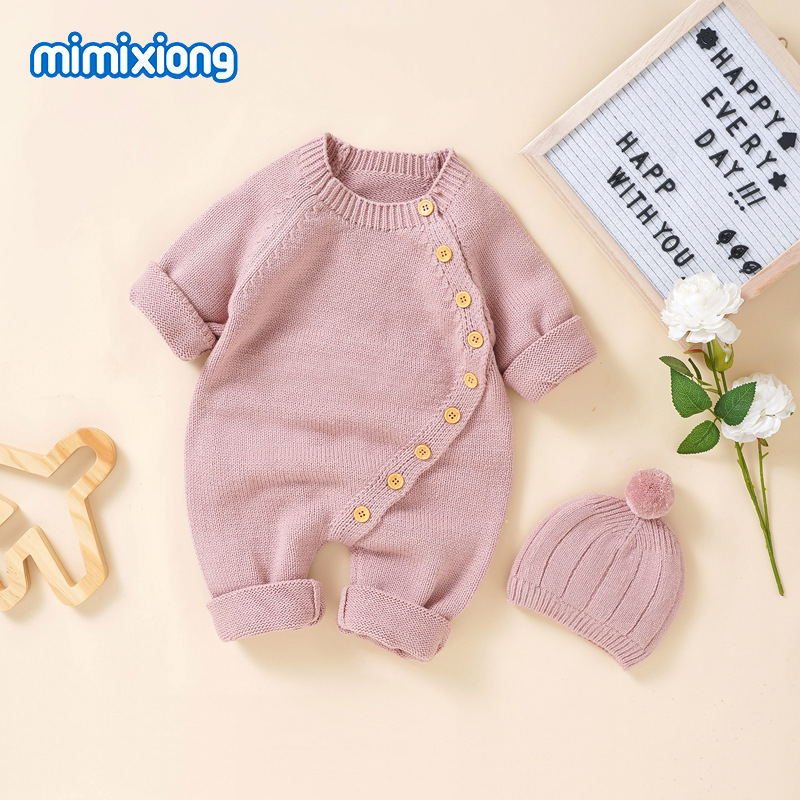 Ins Hot Selling Autum New Baby Long-Sleeved Knitted Pure Color Newborn Jumpsuit