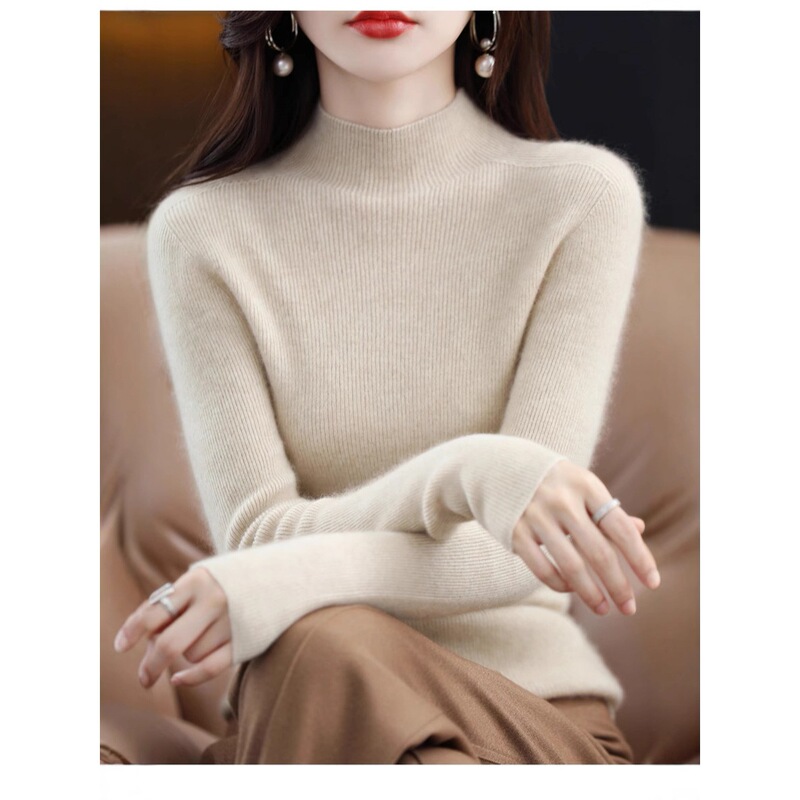 Pure New Women's Half-High Collar Base Shirt, Solid Color Slim-Fit Sweater for Autumn and Winter, New Striped Knit Top