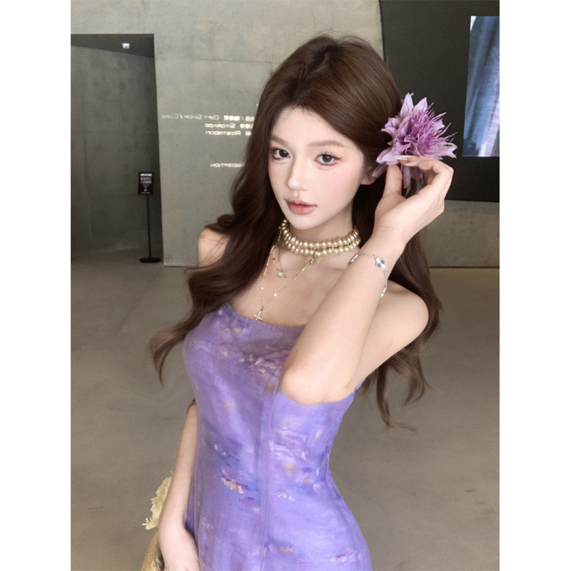 浅紫色油画印花度假风吊带连衣裙 法式茶歇高级感|undefined