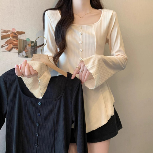 Women's Spring Autumn Plus Size Fat Hiding Stomach Covering Straight Sleeve Collar Top with Pure Desire Design