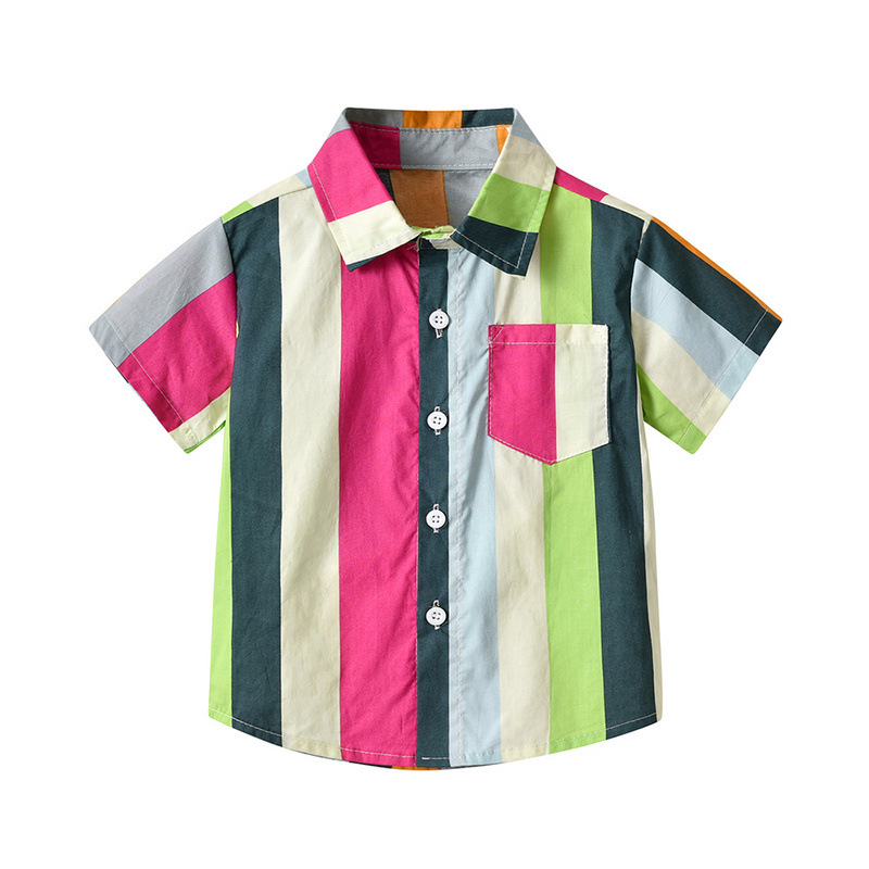 Comercio exterior ropa infantil rayas arco iris camisa de manga corta nuevos productos de niños con solapa de algodón camisa de moda cardigan coreano chaqueta bebé