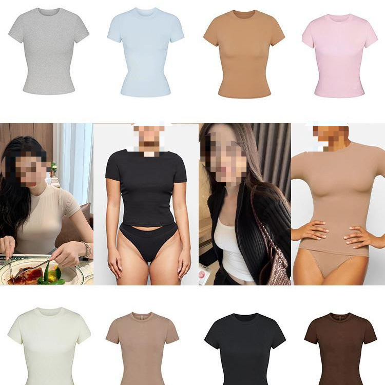 T-Shirt Slimming Kardashian Style Same Style Threaded Round Neck T-Shirt Slimming Kardashian Style Same Style Threaded Round Neck