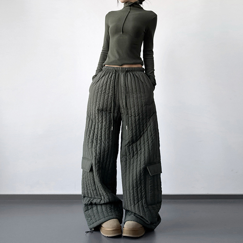 2025 Winter Workwear Quilted Casual Pants Quilted Lightweight Warm Straight Cotton Pants Pocket Pants for Women