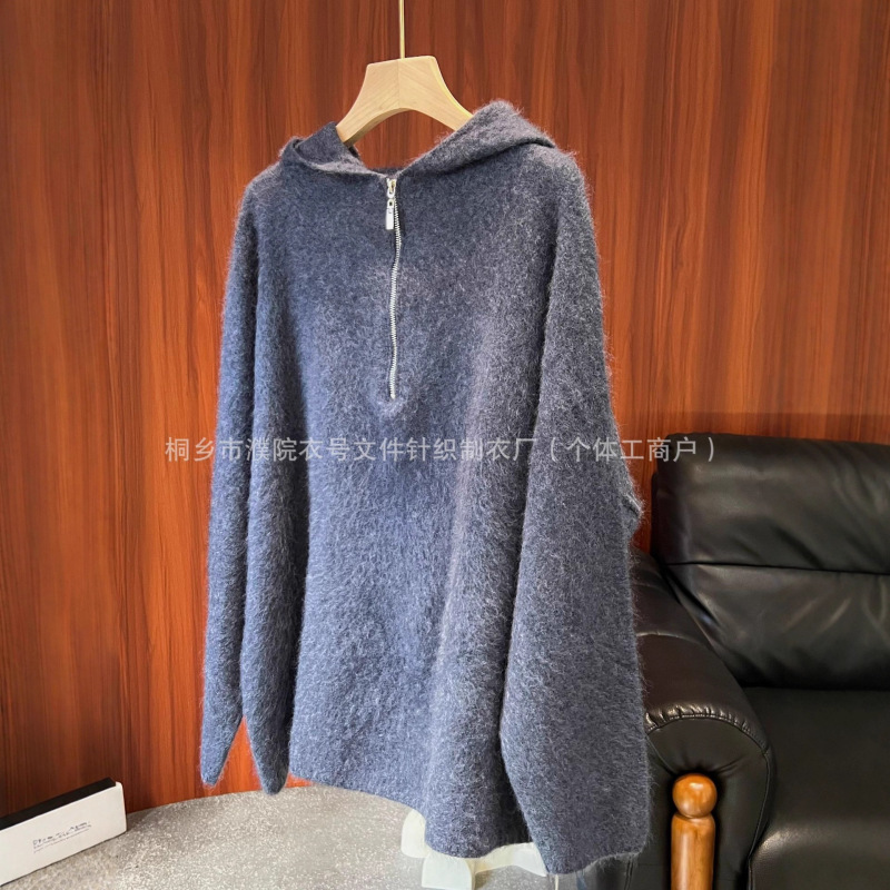 衣号拉毛加厚帽衫宽松100绵羊毛毛衣女 纯色保暖针织衫25秋冬韩系|undefined