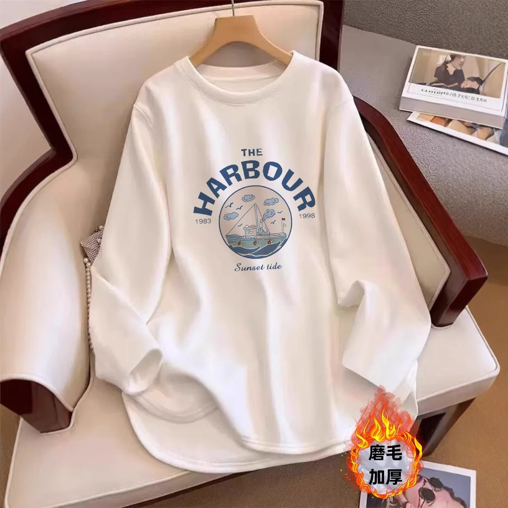 白色磨毛加厚打底衫女秋冬中长款遮屁股长袖t恤搭配鲨鱼裤的上衣