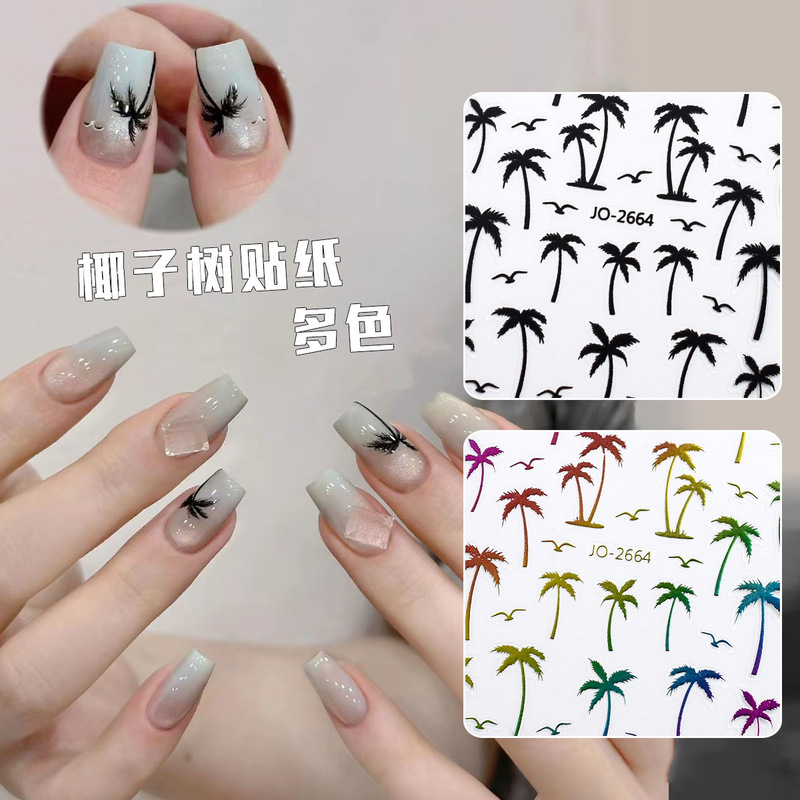 Xiaohongshu Hot-Selling New Adhesive Transparent Bottom Manicure Stickers Summer Island Coconut Tree Four Colors with Nail Stickers