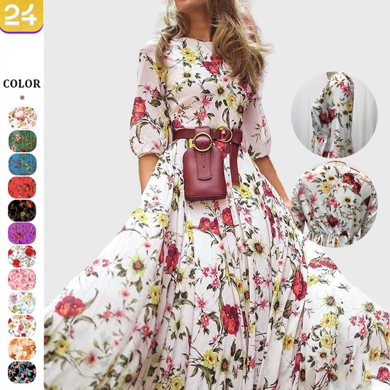 2025 Spring and Autumn European and American New Cross-Border Amazon Dress Digital Printed Large Swing Temperament Floral Slim Long Dress