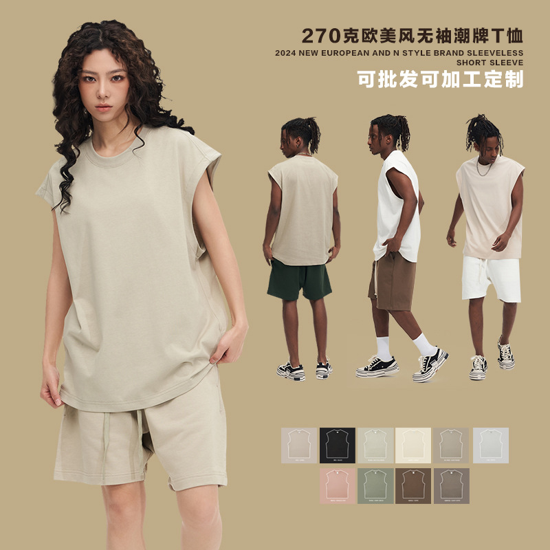 Japanese street fashion oversized sleeveless cotton T-shirt heavy-duty wide shoulder small neckline trendy brand loose backless top
