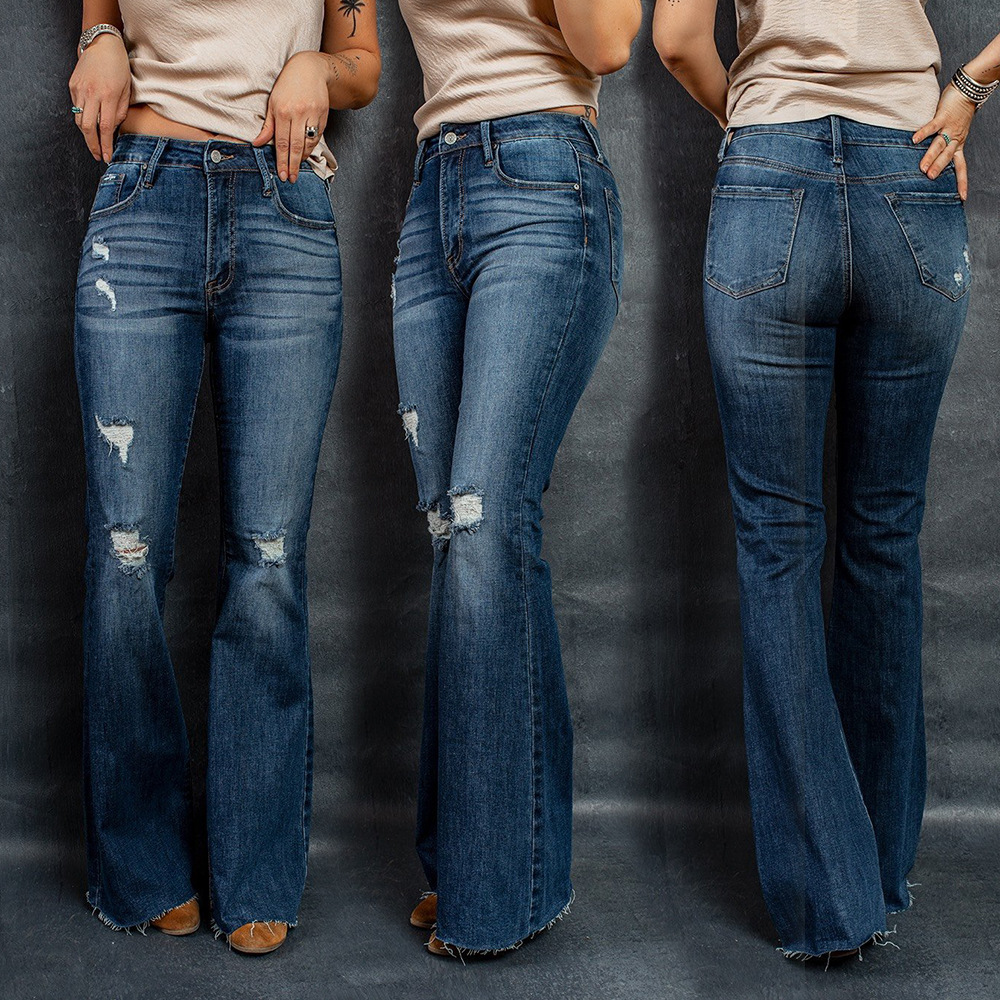 Fashion Dark Blue High-rise Ripped Flared Jeans