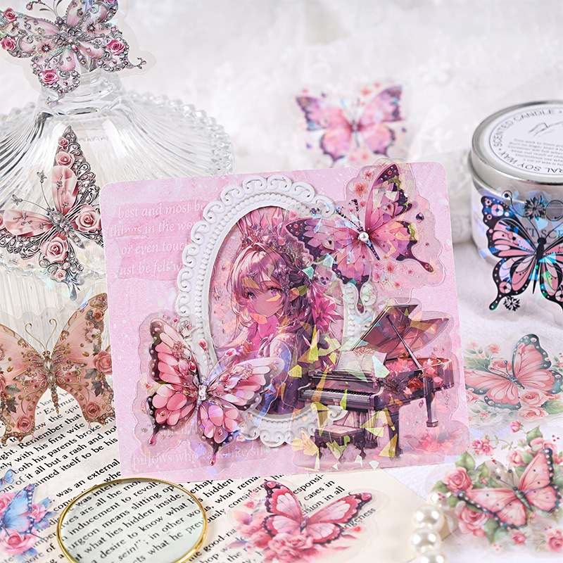 Danza de mariposa aire láser transparente pegatinas impermeables para mascotas bolsas DIY cuentas de mano diarios materiales decorativos pegatinas de mariposa retro