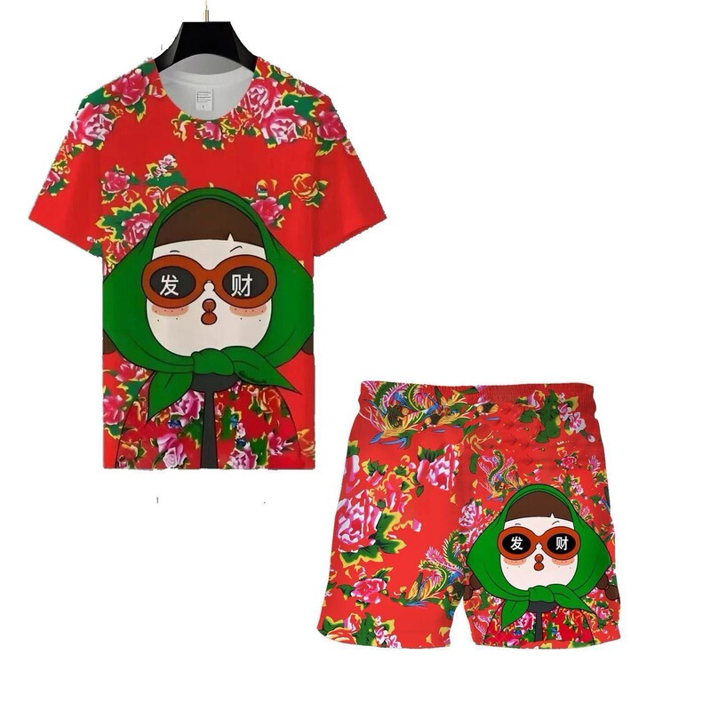 New Summer Men's and Women's Short-Sleeved Shorts, Same Style Round Neck Suit, Funny Fashion T-Shirt, Northeastern Flower Print