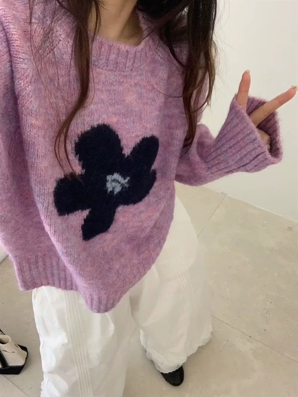 韩系减龄花朵提花套头毛衣女秋冬新款宽松温柔气质显瘦针织衫上衣|undefined