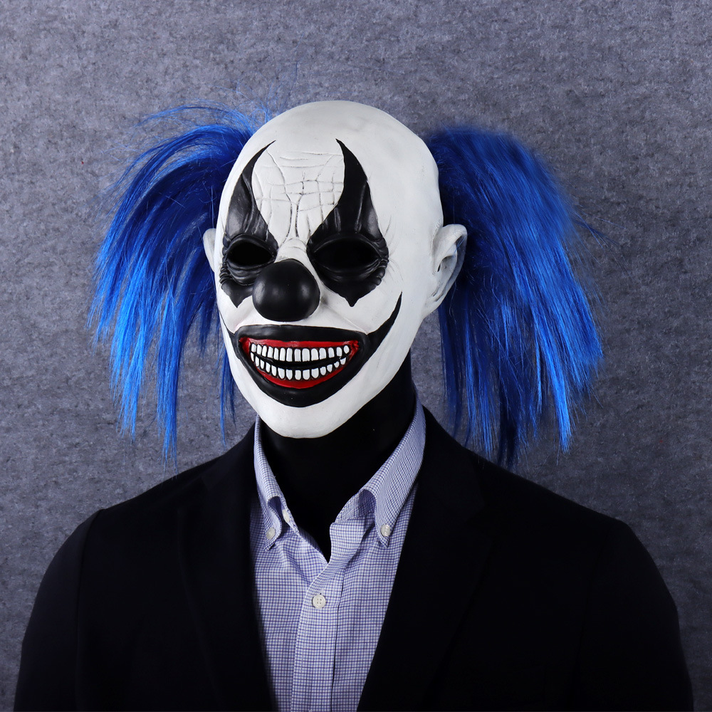 Máscara de payaso de terror transfronterizo cabello azul látex accesorios de decoración Halloween