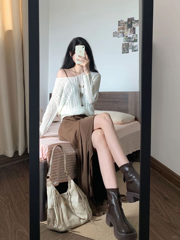 美拉德穿搭套装女早秋高级感针织罩衫不规则抽绳吊带连衣裙两件套|undefined