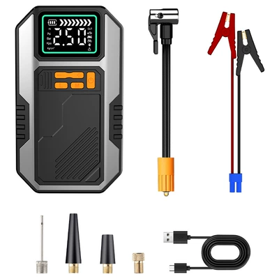 Power Bank and Car Emergency Jump Starter 2-in-1, with Air Pump and Inflator, for Vehicle Rescue (Hava nasosu) - 6000-mah-conventional-battery-clip-black-emergency-start-power-air-pump
