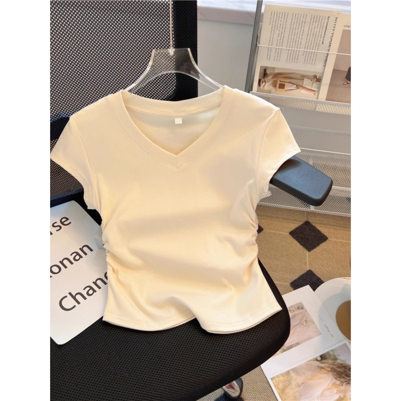 夏トップス半袖デザインおしゃれTシャツショートスリム万能レディーススリムVネック白シャツA4257|undefined