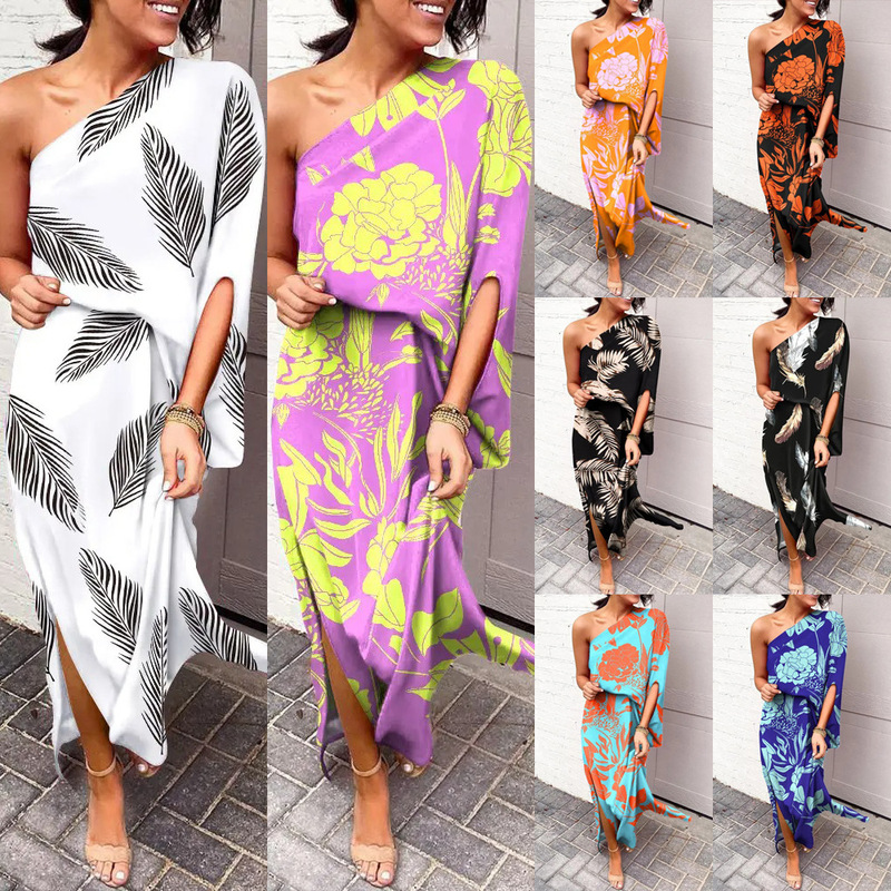 2022 Independent Station wish Amazon New Summer Loose Off-shoulder Waist Printed Dress Women OM10090