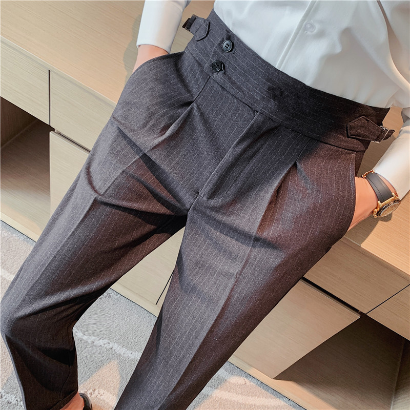 Pantalones de traje de los hombres naples italianos pantalones de cintura alta pantalones de los hombres de otoño e invierno teñido de hilo oscuro a rayas de calidad pantalones casuales