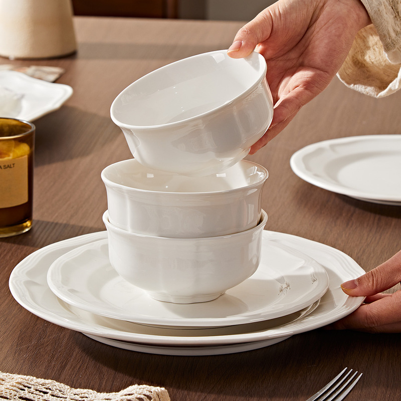 French Retro Style Pure White Ceramic Embossed Ceramic Tableware Dining Bowl Dessert Plate Western-Style Xiaohongshu Bowl and Plate Set French Retro Style Pure White Ceramic Embossed Ceramic Tableware Dining Bowl Dessert Plate Western-Style Xiaohongshu Bowl and Plate Set
