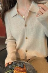 港味复古polo领针织衫女早秋温柔风慵懒宽松毛衣开衫翻领短款上衣