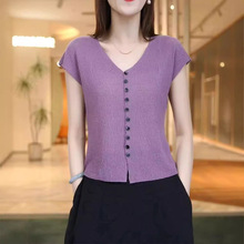 【专柜品质】时尚轻奢短袖针织t恤女夏季新款洋气小衫v领显瘦上衣
