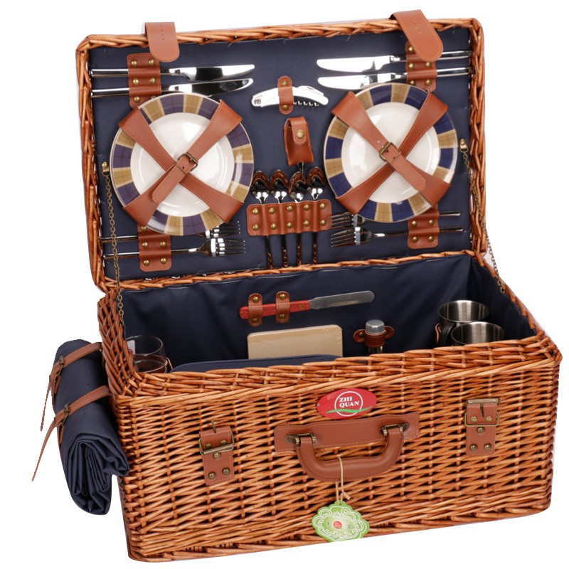 Fábrica directa cesta de picnic ratán portátil al aire libre plegable vegetal mimbre tejido cesta de almacenamiento con vajilla