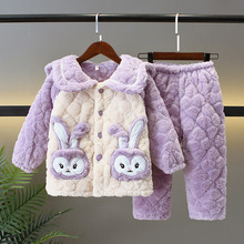 冬季儿童睡衣法兰绒加厚加绒三层夹棉保暖女童宝宝珊瑚绒冬天套装