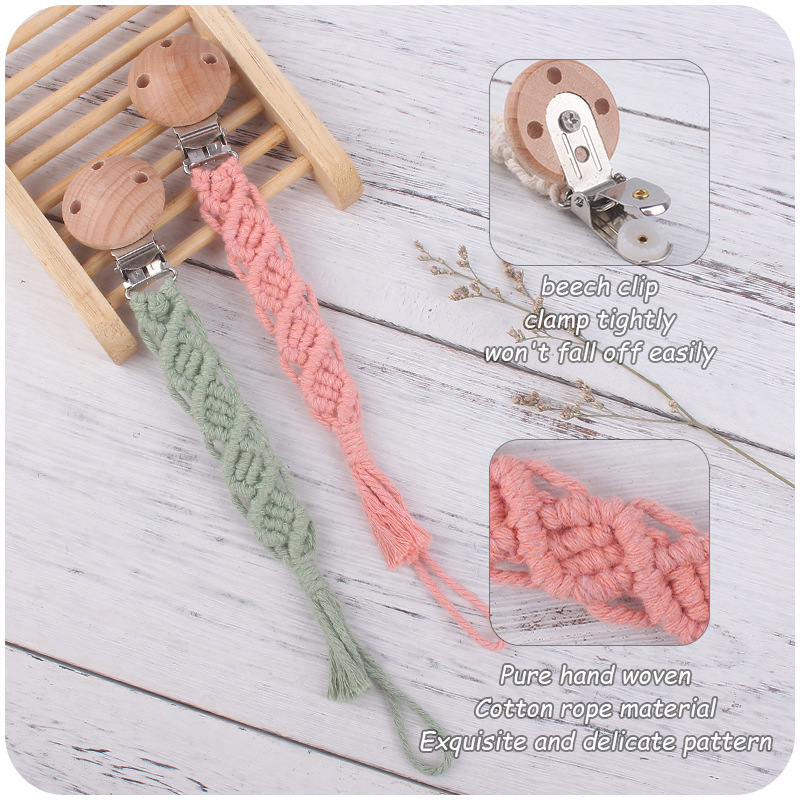 Suministros de bebé haya con agujero pezón clip pezón cuerda bebé creativo DIY hecho a mano tejido de algodón cuerda pezón cadena