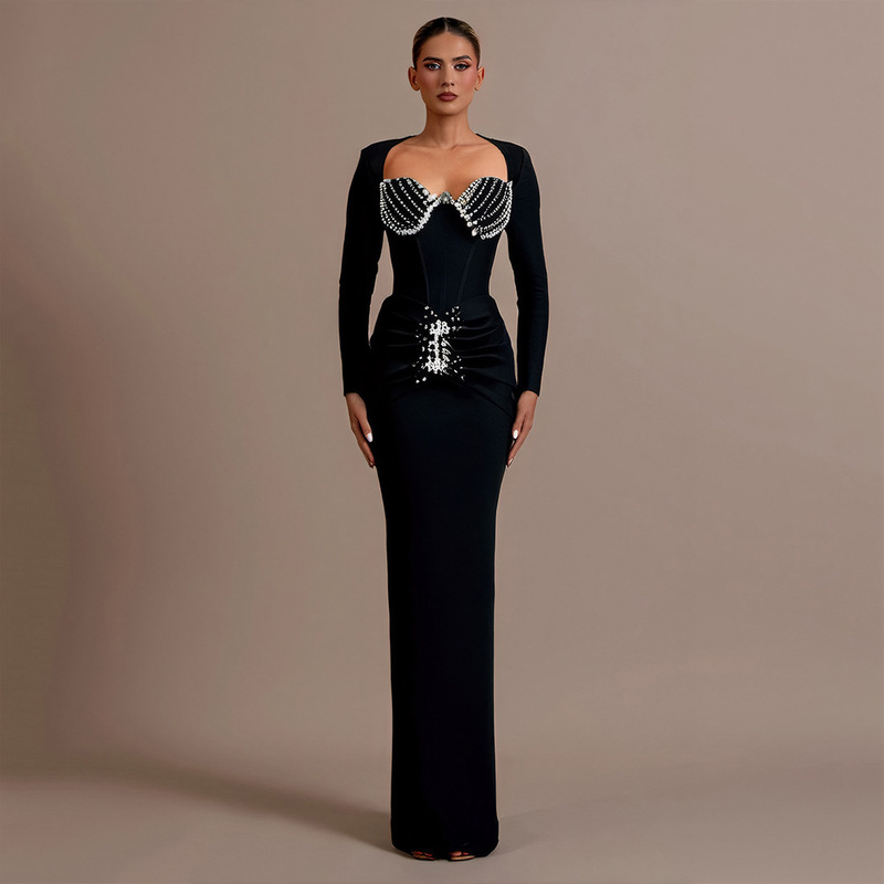New Fashion Black Diamond Tight Square Collar Slim Pleated Bandage Long dress Evening Dress Women