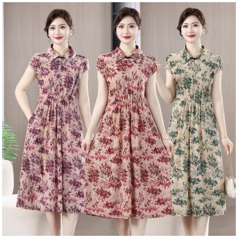 Middle-Aged and Elderly Women's Summer Dress, Short-Sleeved, Turn-Down Collar, Plus Size, Slimming Dress, Floral Dress for 40 to 50 Years Old Middle-Aged and Elderly Women's Summer Dress, Short-Sleeved, Turn-Down Collar, Plus Size, Slimming Dress, Floral Dress for 40 to 50 Years Old
