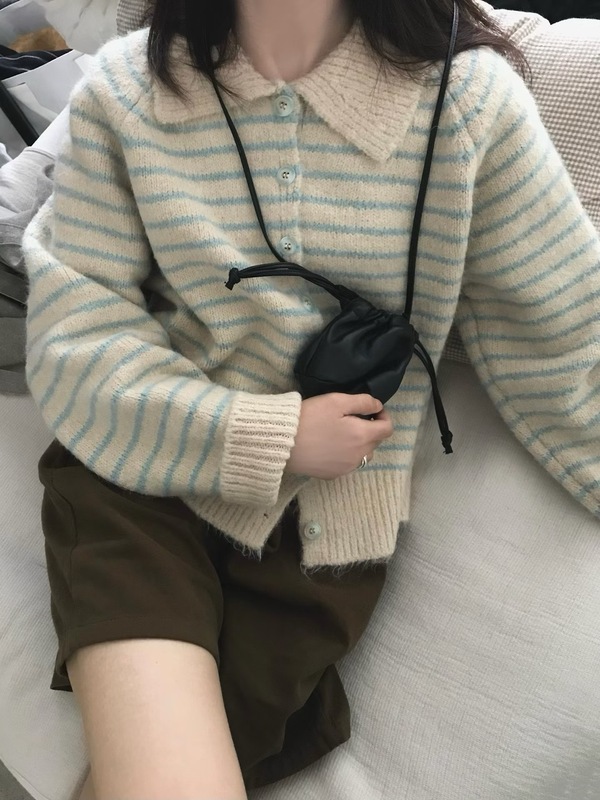 韩系减龄条纹翻领毛衣外套女宽松春秋冬加厚短款软糯针织开衫外穿|undefined