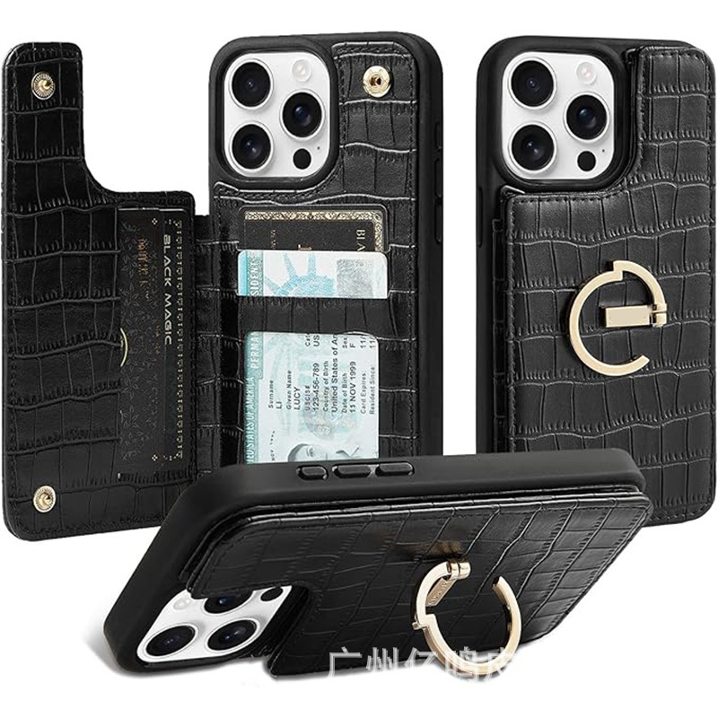 Suitable for Iphone15Pro Wallet Phone Case Back Cover Card Holder Leather Case with Ring Holder Crocodile Pattern Fashion