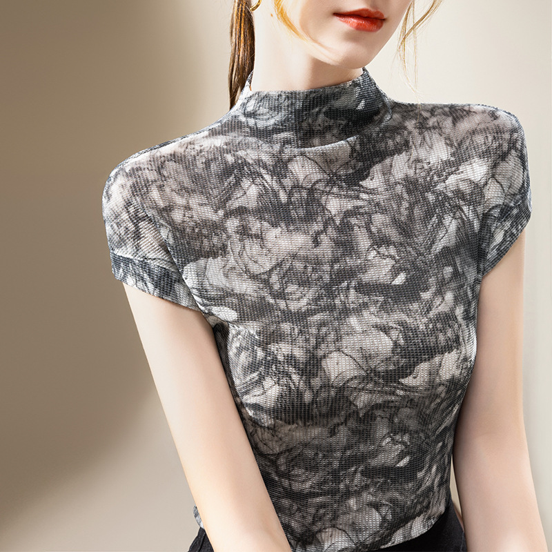 La Mitad de cuello alto de las mujeres que basa la camisa 2023 nueva ropa de mujer estilo occidental impreso malla Europea pequeña camisa interior de manga corta superior