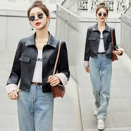 新中式国风外套女2024春秋新款小个子设计感欧货短款黑色时尚皮衣