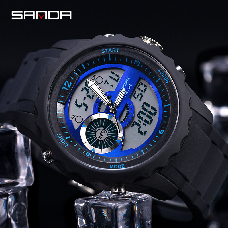SANDA 769 impermeable multifuncional reloj deportivo al aire libre reloj electrónico de cuarzo de doble movimiento para hombres