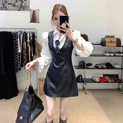套装女2025秋新款法式气质设计感长袖衬衫收腰显瘦背心皮裙连衣裙