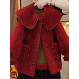 女童红色小香风外套秋冬装2025新款儿童冬季洋气皮毛一体呢大衣