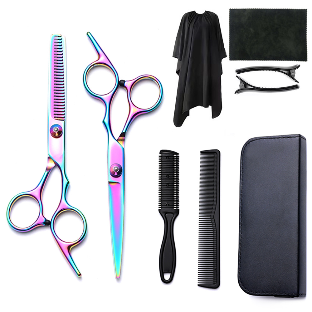 Corte de pelo tijeras transfronterizas amazonas color tijeras de dientes planas cortadas delgadas frange tijeras divisorias fábrica de tijeras al por mayor set de tijeras de peluquería