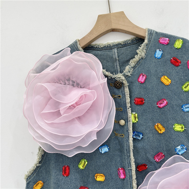 Flores rosadas nuevas fragancias retrógradas broche de cuello redondo chic bordes de lana diamante colorido diseño chaleco chaqueta chaqueta
