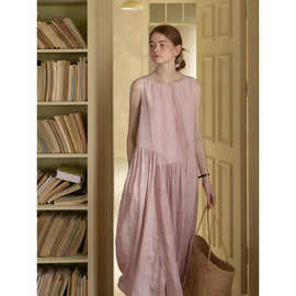 2026夏季新款韩版时尚气质温柔风粉色纯色简约无袖宽松连衣裙女